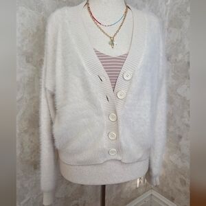 Sanctuary Fuzzy Cream Cropped Cardigan Soft Eyelash Knit Button Front Sweater S